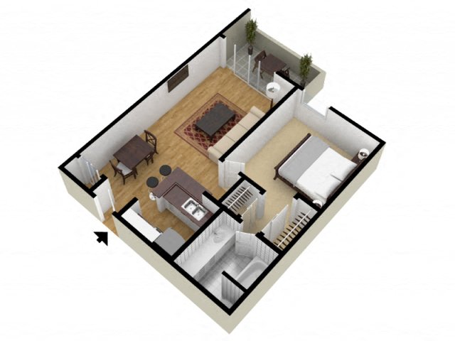 Floor plan for 1 bed, 1 bath, 648 sqft
